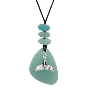 Long Whale Tail Faux Blue Sea Glass Cord Necklace